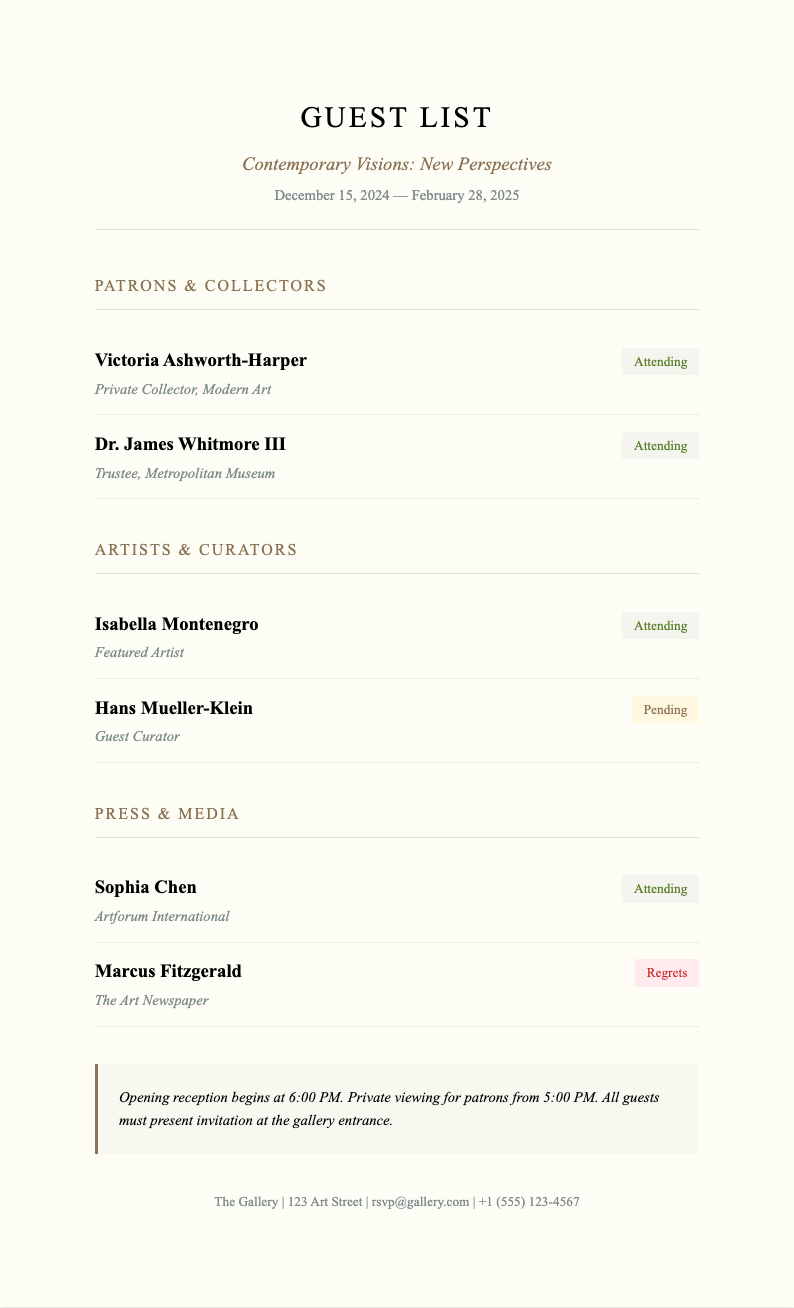 Art gallery catalog guest list